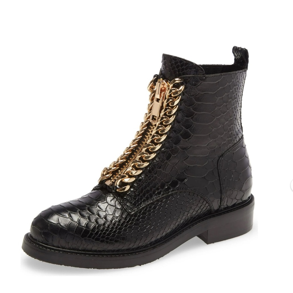 Jeffrey Campbell Damon-Z Black Snake Leather Front Zip Moto Boot